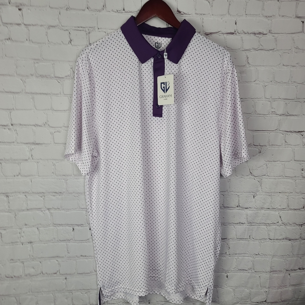 Graham Luxe Lennox Polo. Golf Shirt. White/Grape Royale. Men's XL